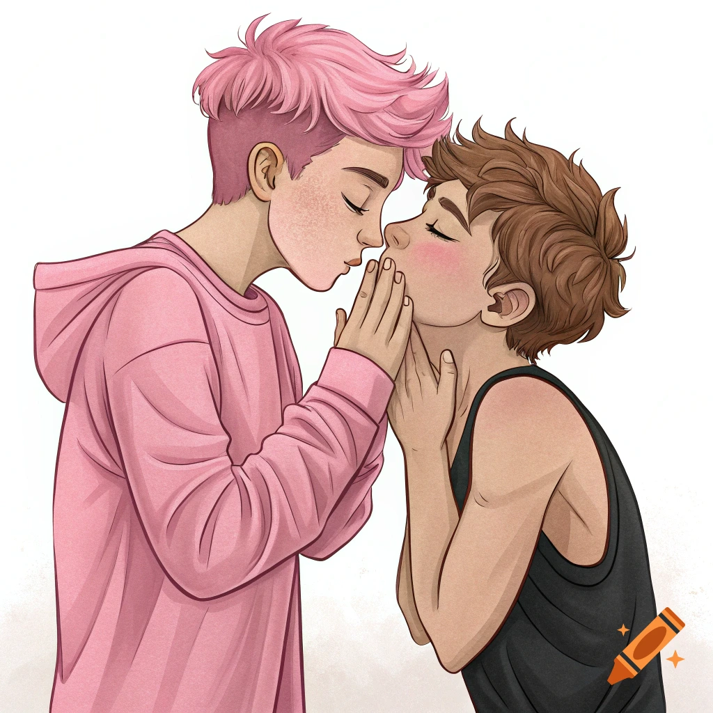 Illustration of two boys leaning in to kiss, one with pink hair and a pink hoodie, the other with brown hair and a black tank top.