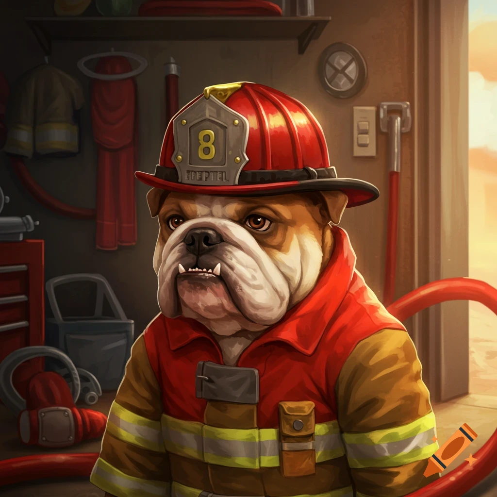 A bulldog dressed as a firefighter.