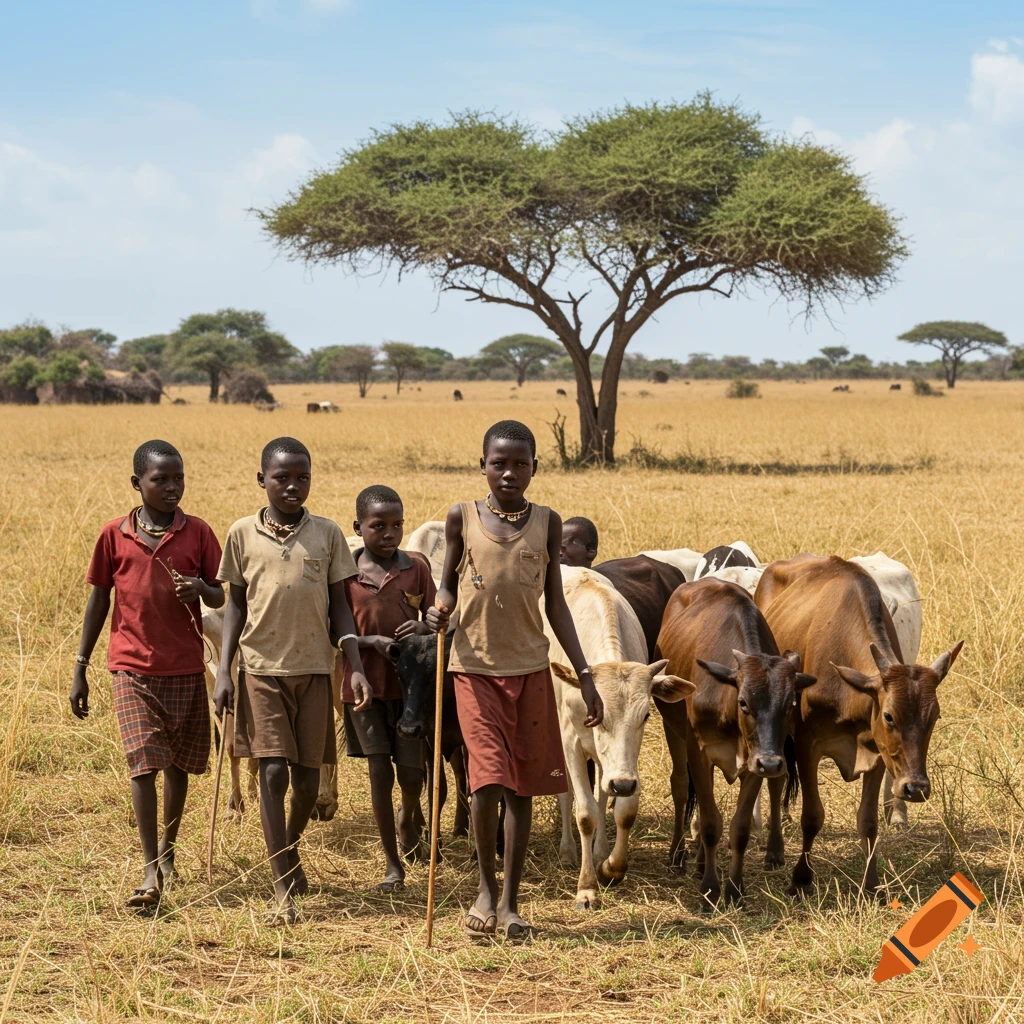 Young boys herd zebu cattle in a sun-drenched African savanna landscape.