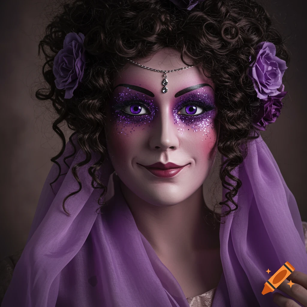 A woman with dramatic purple makeup, sparkling eyes, curly hair, and a purple headscarf.