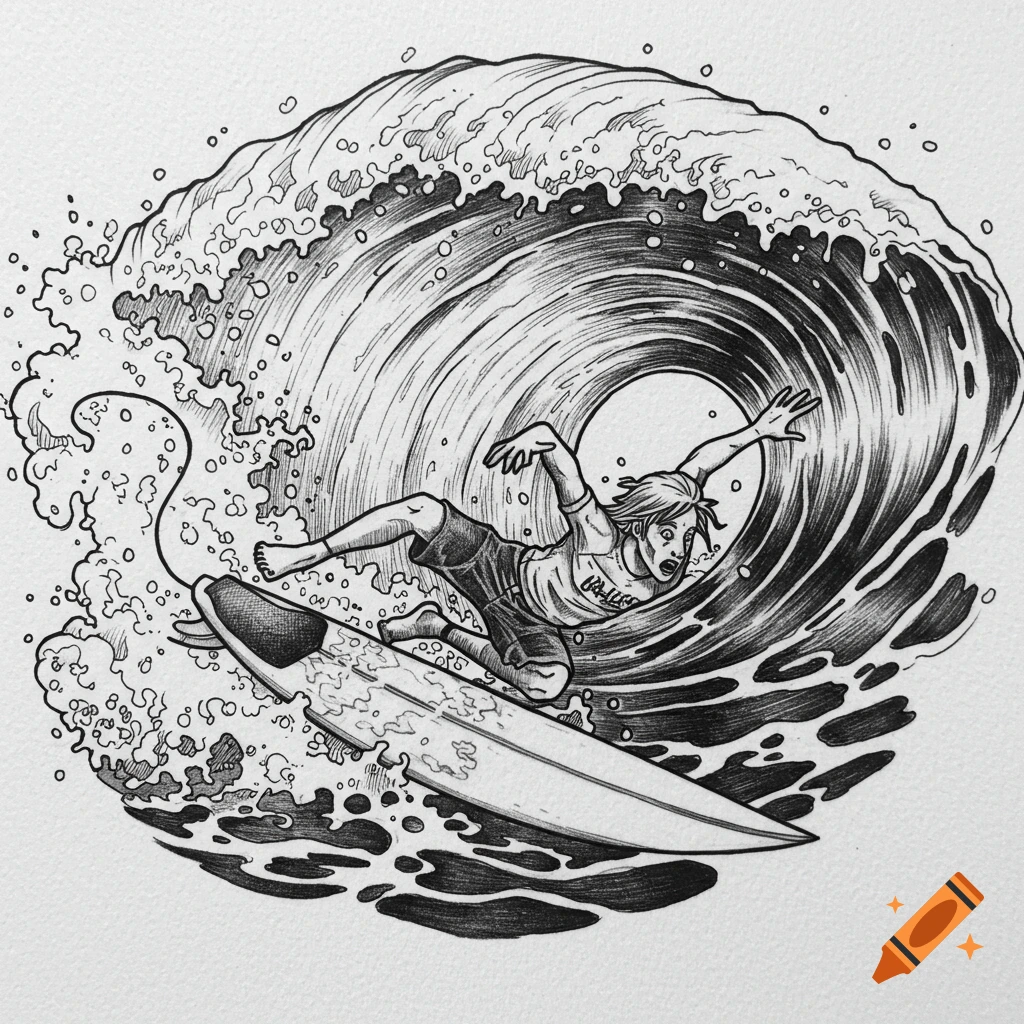 Black and white illustration of a surfer falling inside a large wave, in a tattoo style.
