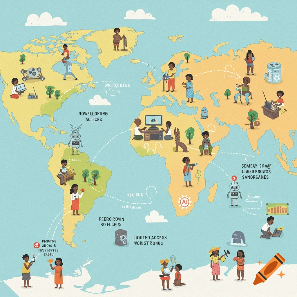 A cartoony world map showing people and robots using technology, representing AI access globally.