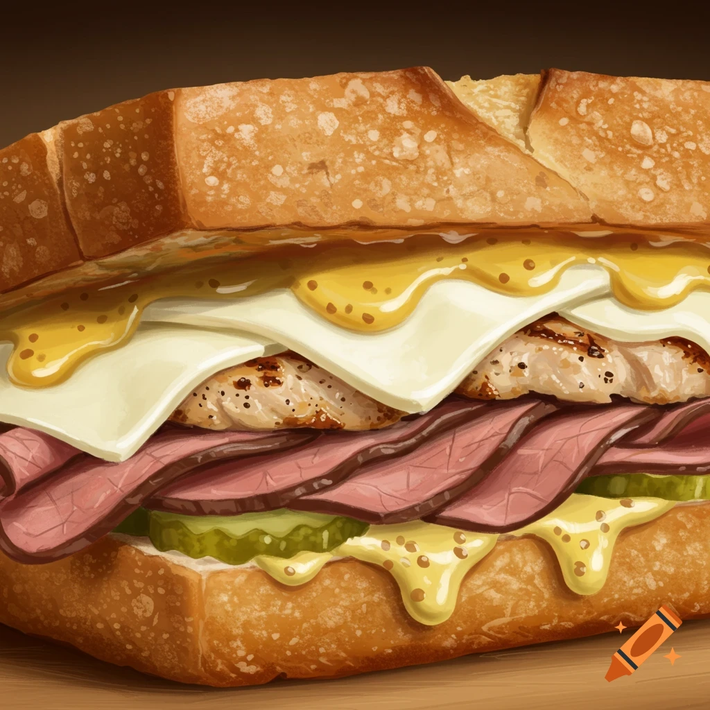 A large sandwich with beef, chicken, cheese, pickles, and mustard on a bun.