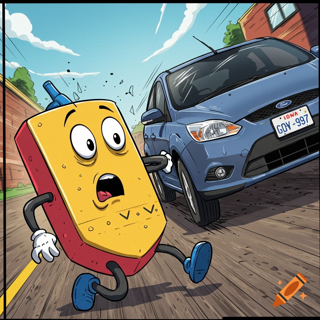 Cartoon eraser running from a blue car on a road, in a comic book style.