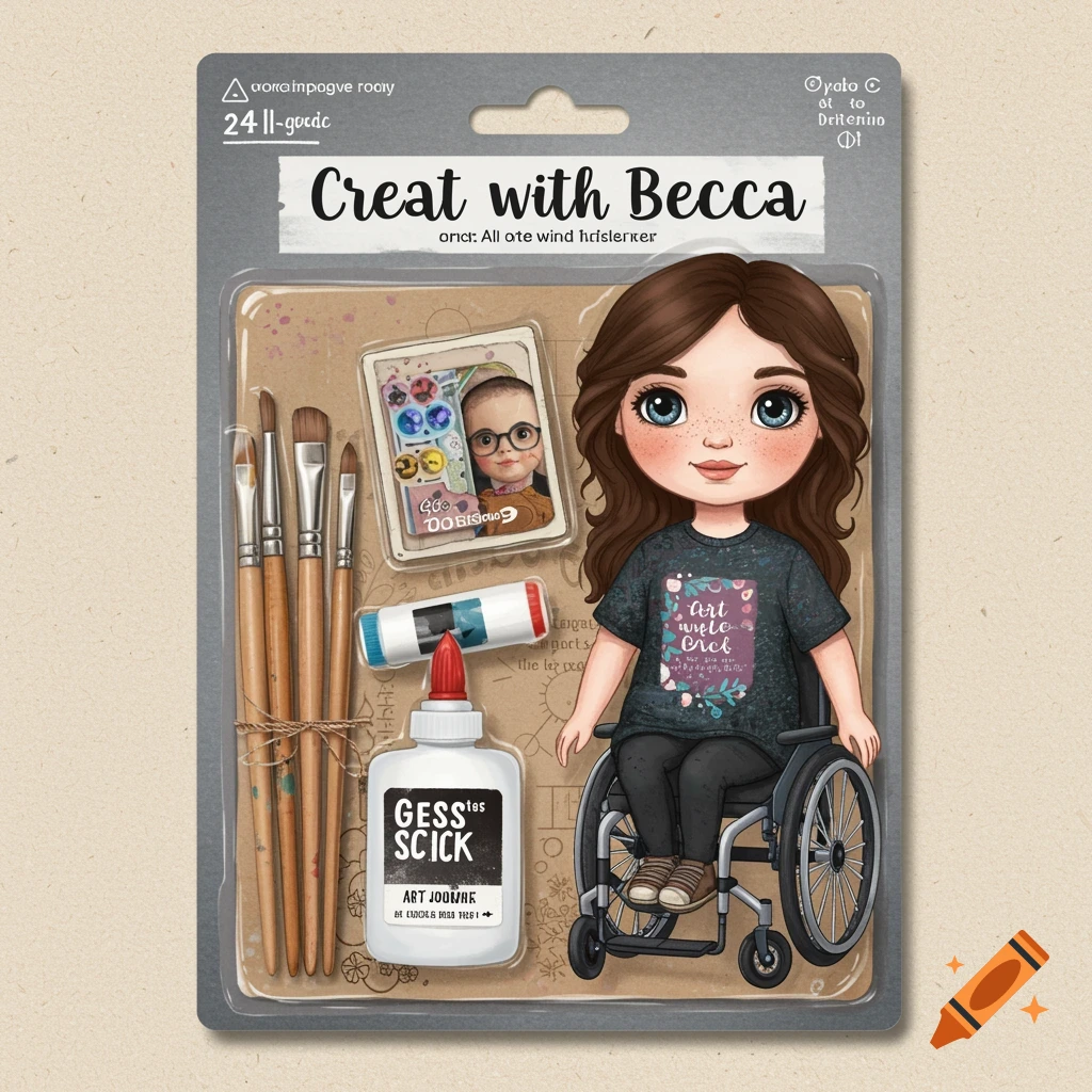 Packaged doll of an artist in a wheelchair with paint brushes and glue stick, illustration