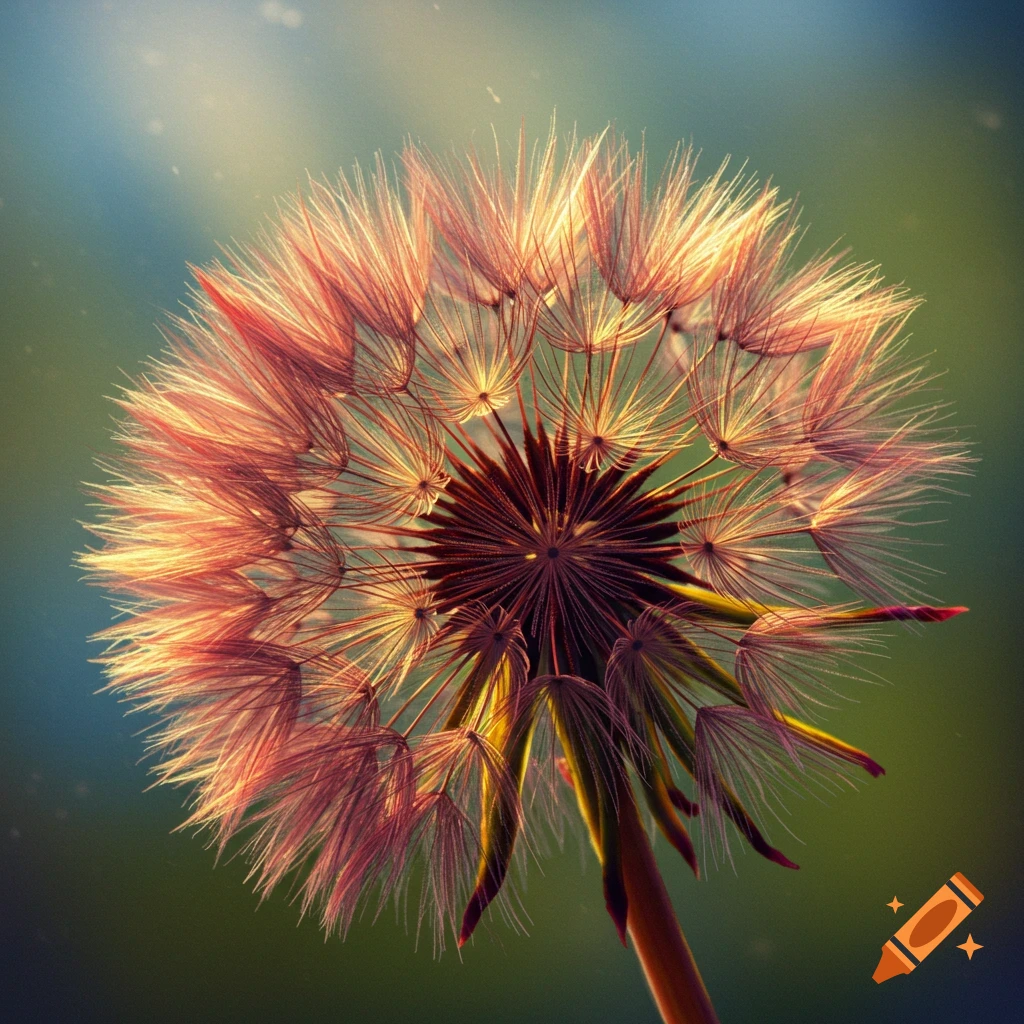 Close-up backlit view of a dandelion seed head glowing in sunlight against a blurred background.