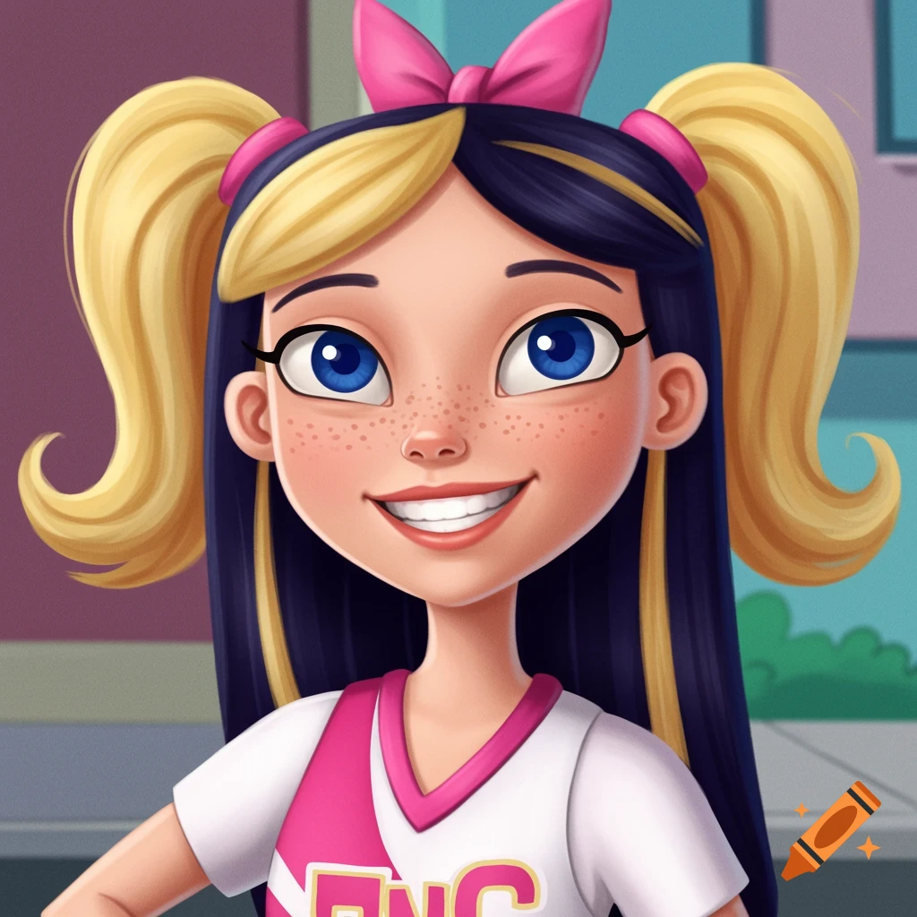 A smiling girl with blonde and dark hair in pigtails, wearing a pink and white cheerleader outfit.