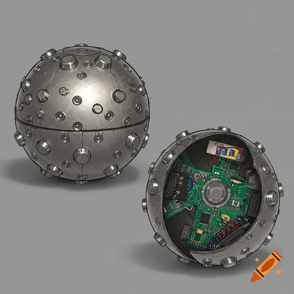 Concept art of a metal sphere device, one closed and one cut open to show internal electronics.