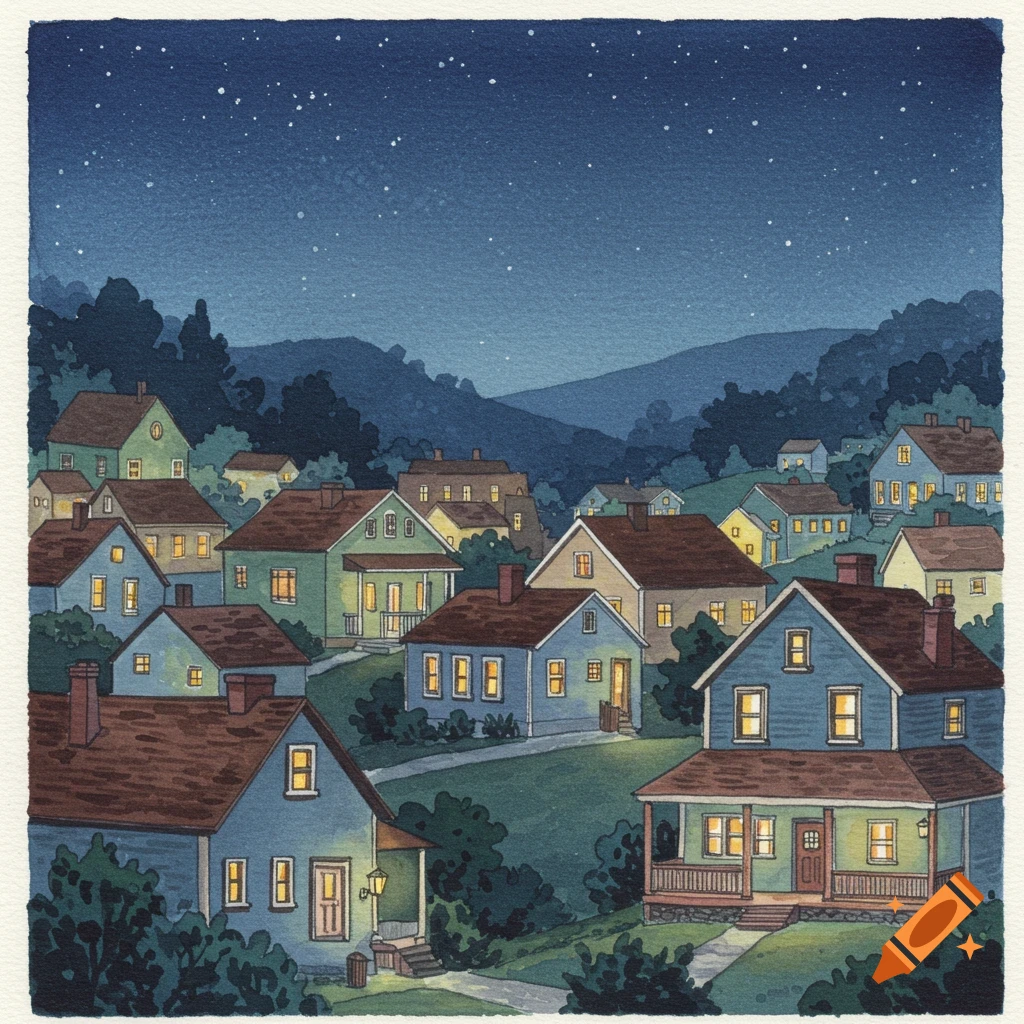 Watercolor illustration of a quiet village at night with lights on in the houses.