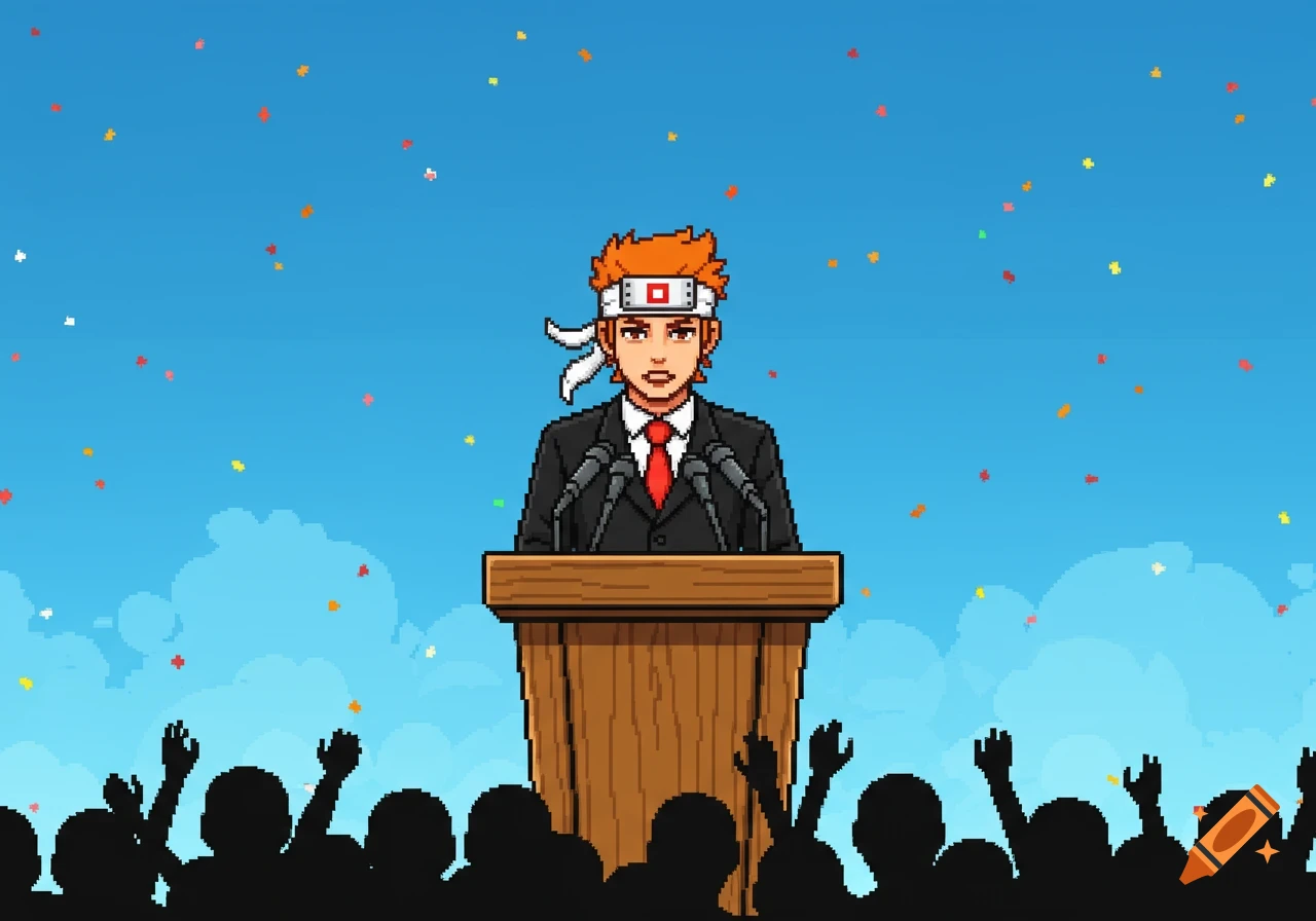 Pixel art character gives a speech at a podium to a silhouetted crowd.