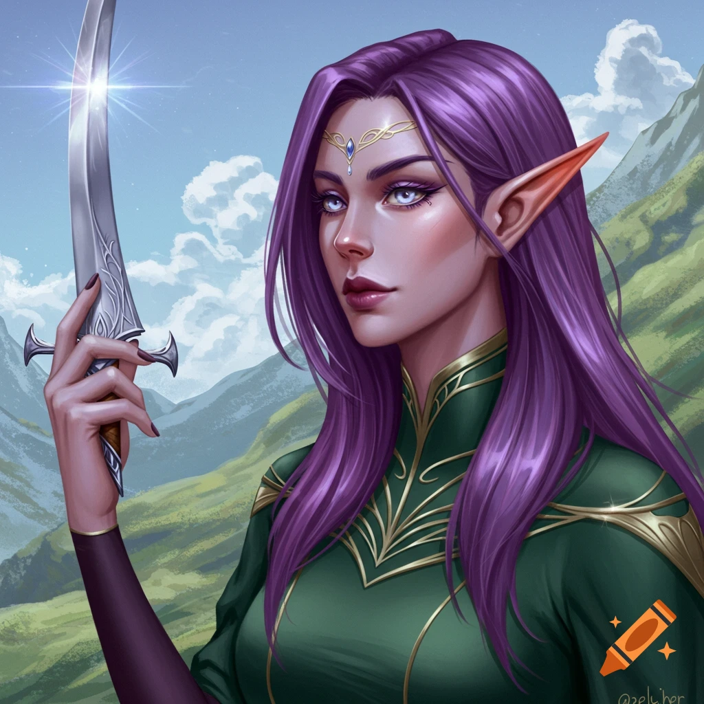 A female elf with purple hair holds a sword in a mountain landscape.