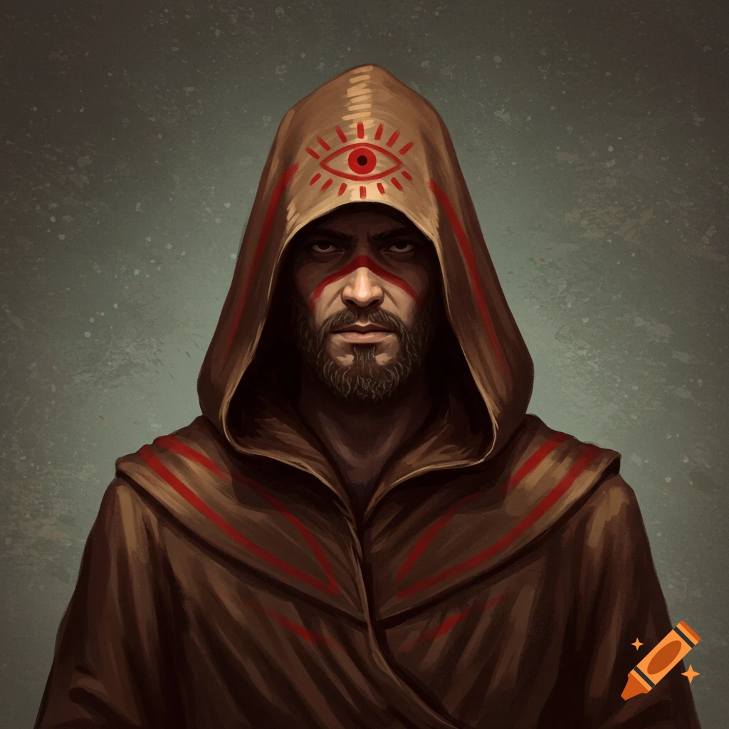 A man in a brown hooded robe with a red eye symbol on the hood and red face paint.