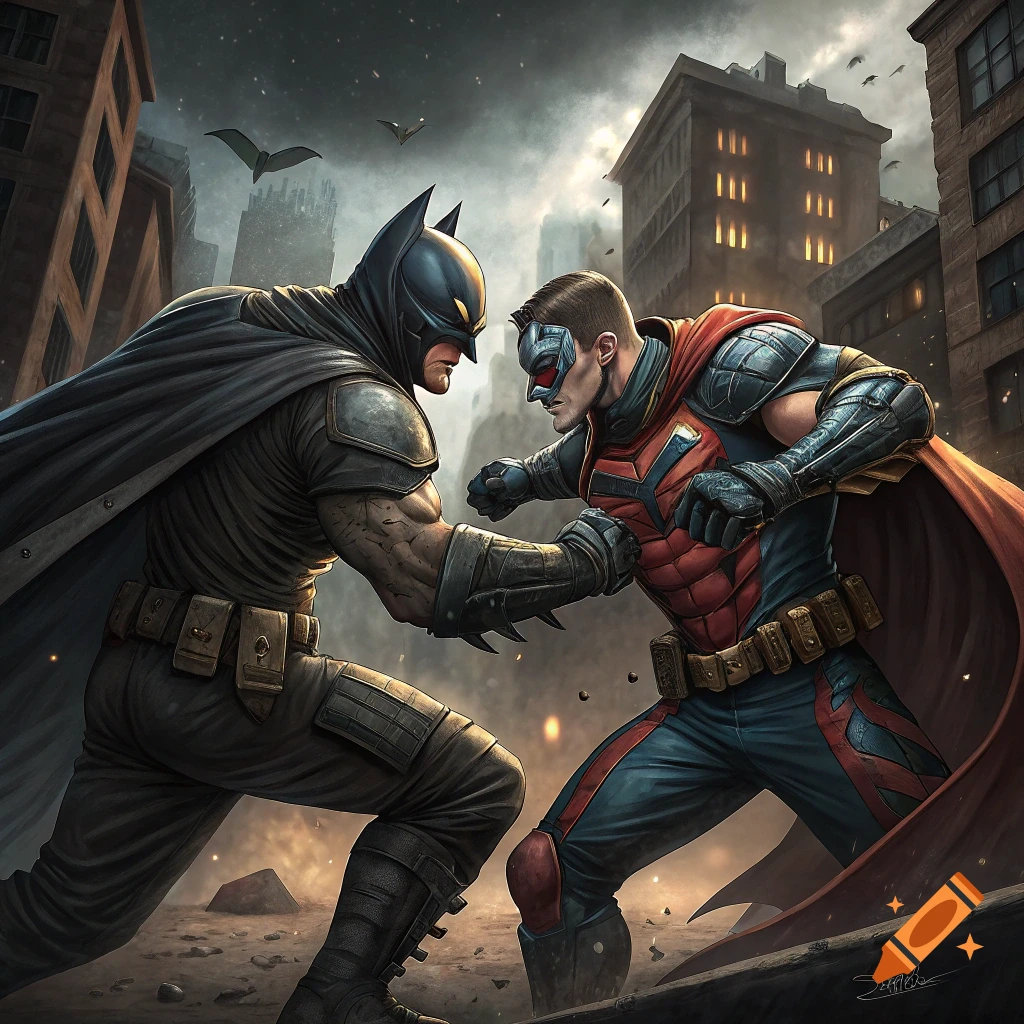 Two comic book superheroes, one resembling Batman, fighting in a dark, destroyed city street.