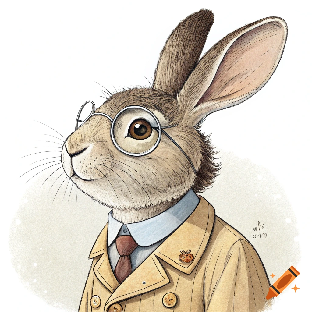 Illustration of a rabbit wearing glasses, a shirt, a tie, and a coat.