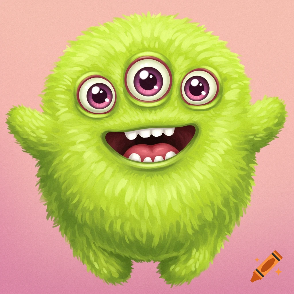 A cute green fuzzy monster with three pink eyes and a big smile.