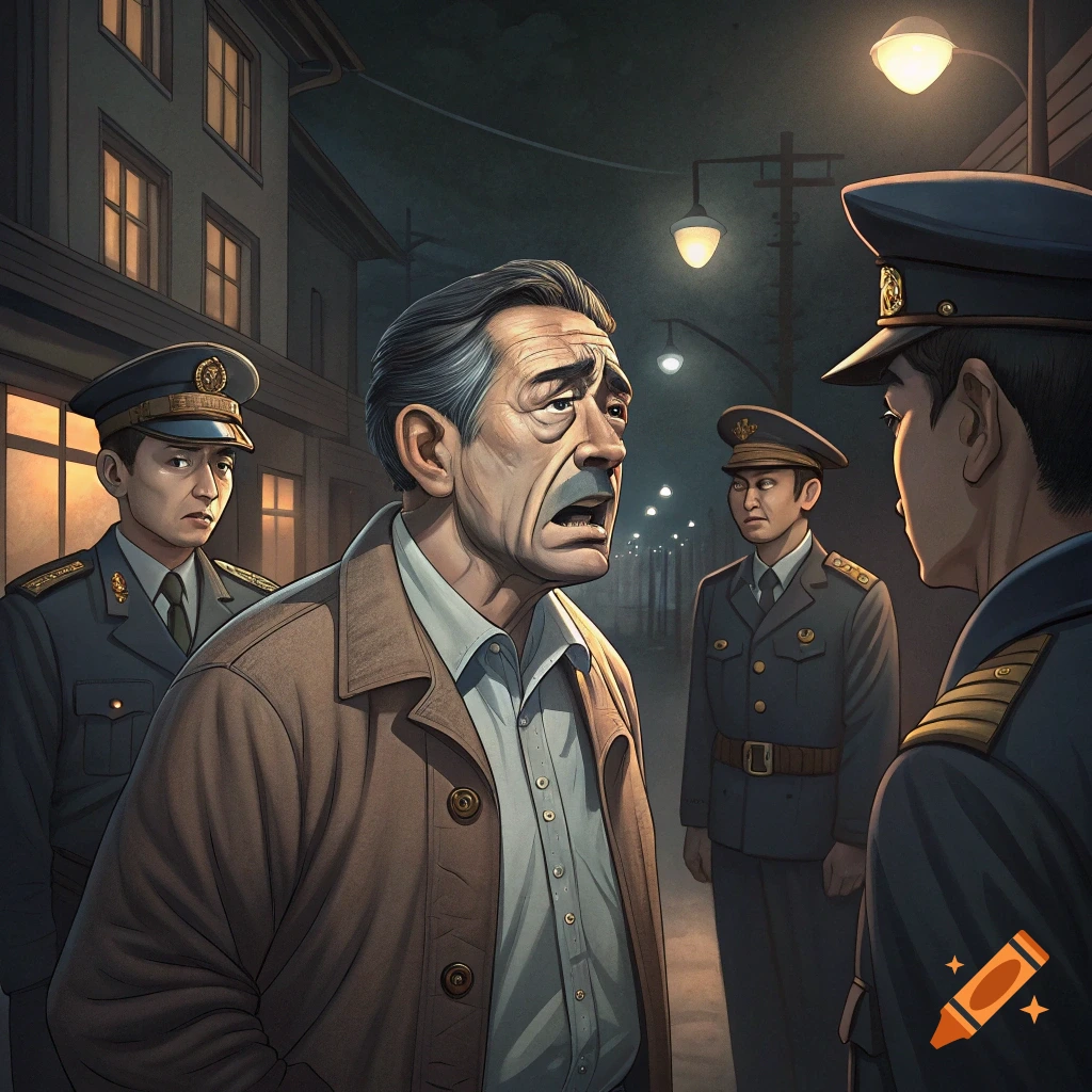 Illustration of an older man being arrested by officers in uniform on a dark street.