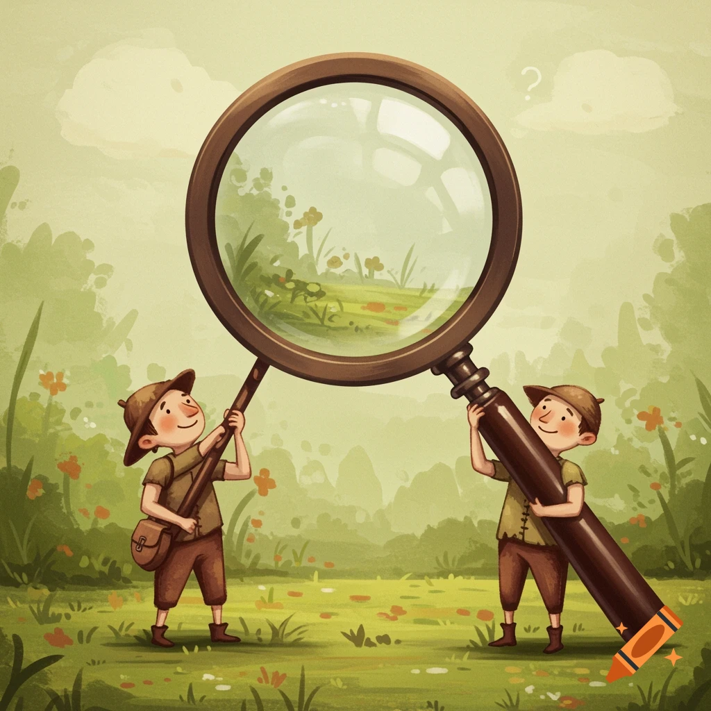 Two boys hold a large magnifying glass to examine plants in a field, in a whimsical illustration style.
