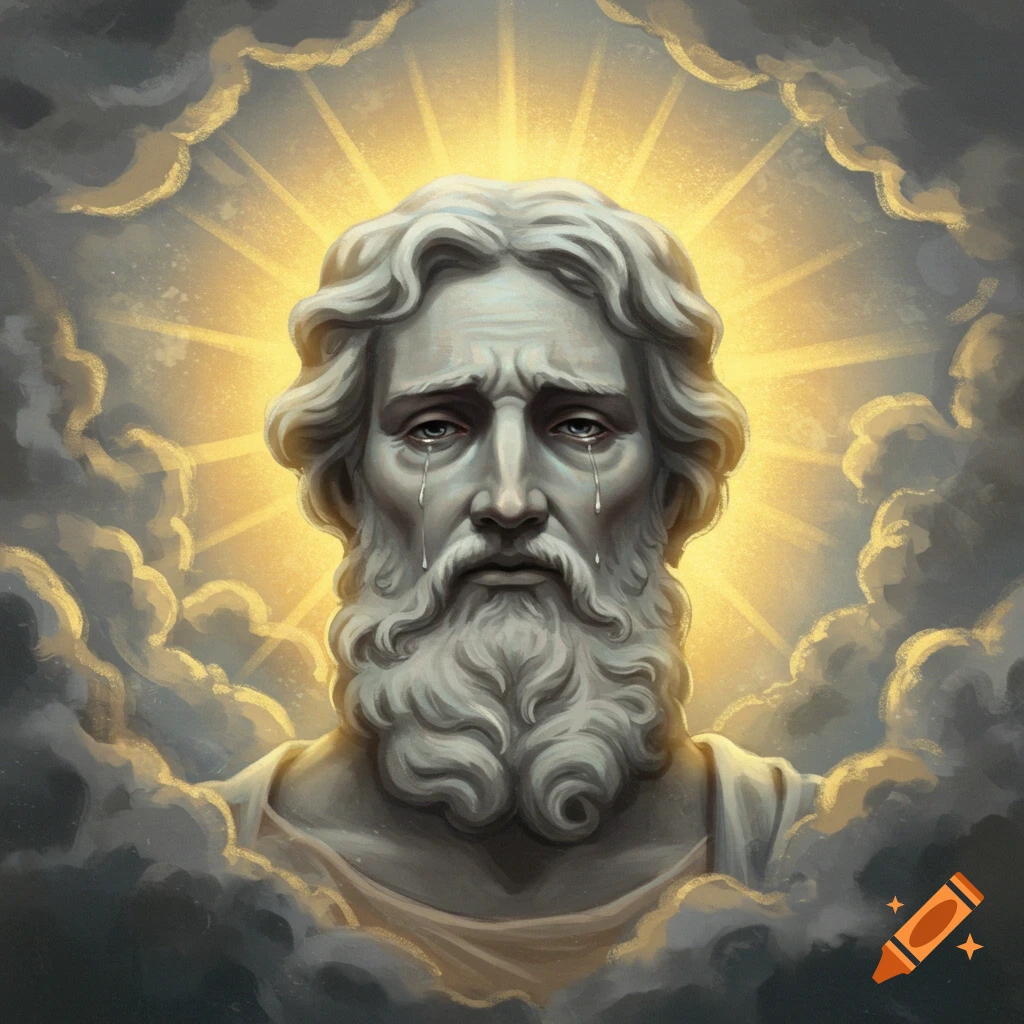 Statue-like figure resembling God, crying amidst clouds and light rays.