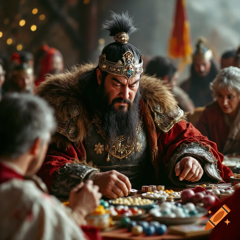 A historical figure resembling Genghis Khan plays a game resembling bingo with others in a dimly lit room, in a movie scene style.