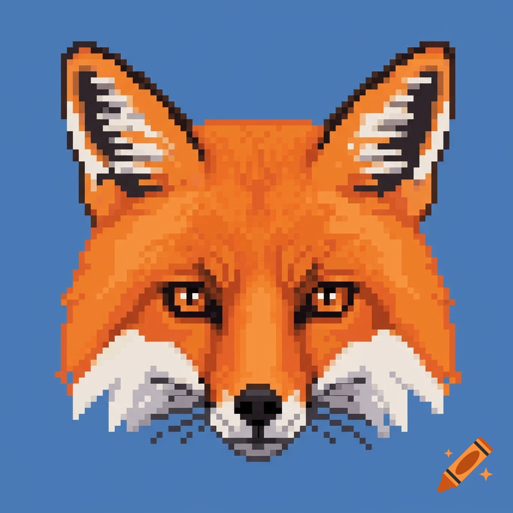 A close-up pixel art portrait of a fox's face against a blue background.