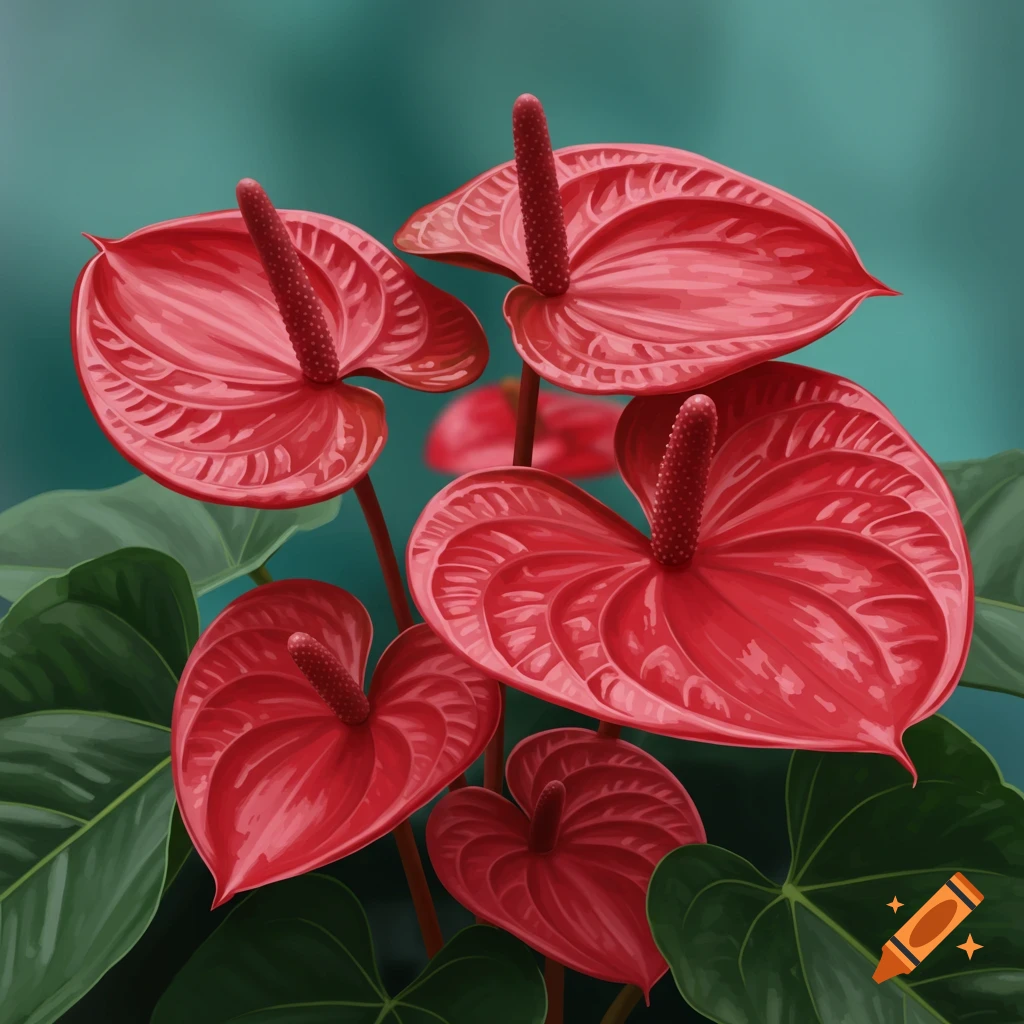 Red Anthurium flowers with green leaves