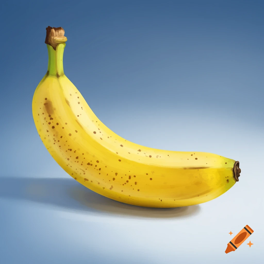 A yellow banana with brown spots on a surface with a blue background.