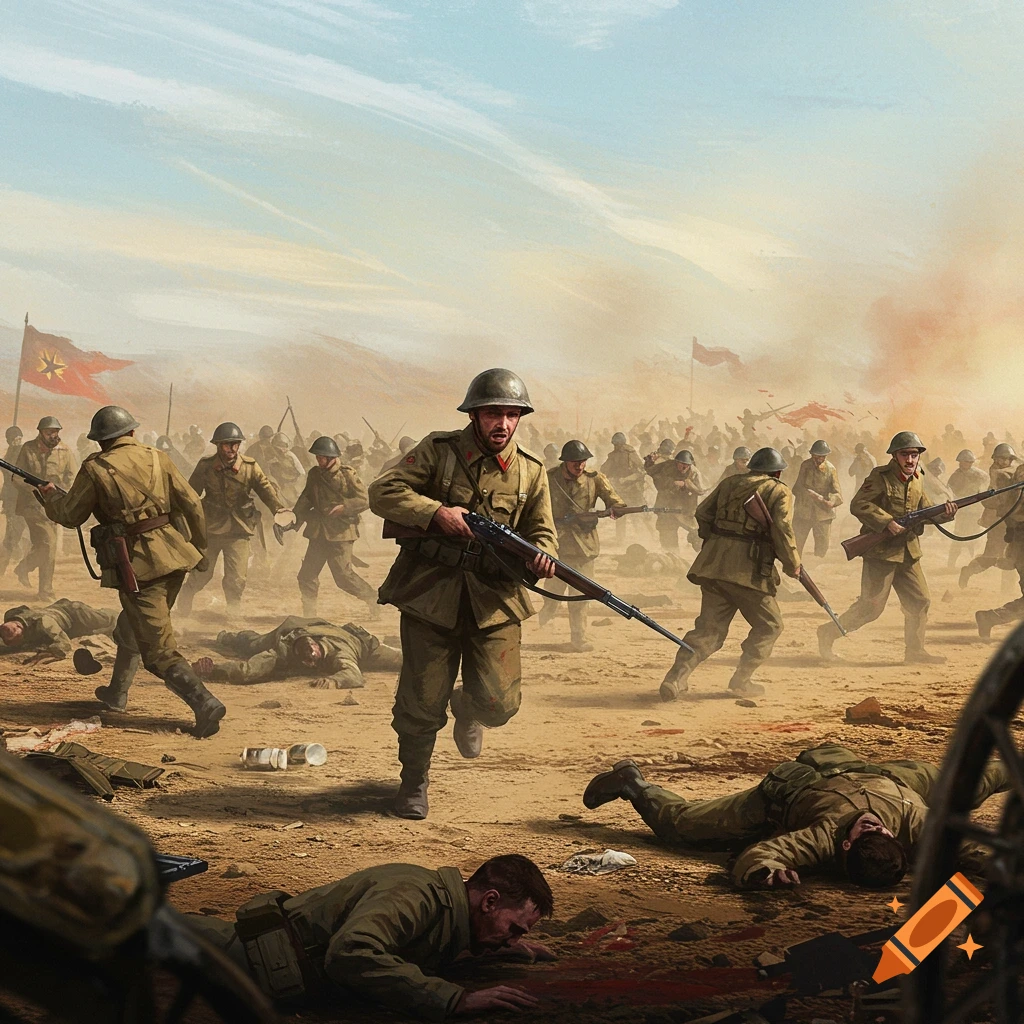 A desert battle scene with fallen soldiers and running troops.