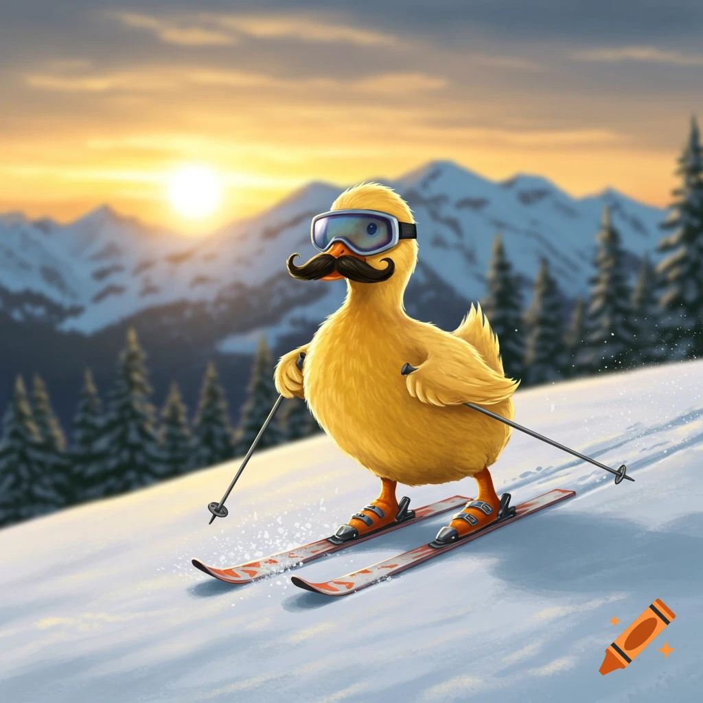 A cartoon yellow duck with a mustache and goggles skis down a snowy mountain at sunset.