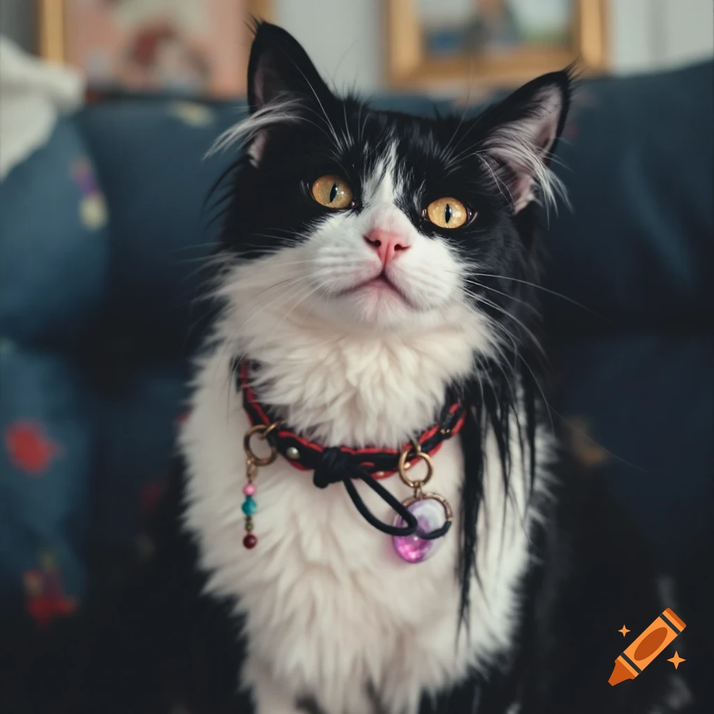 Close-up photo of a black and white cat with yellow eyes wearing a beaded collar.