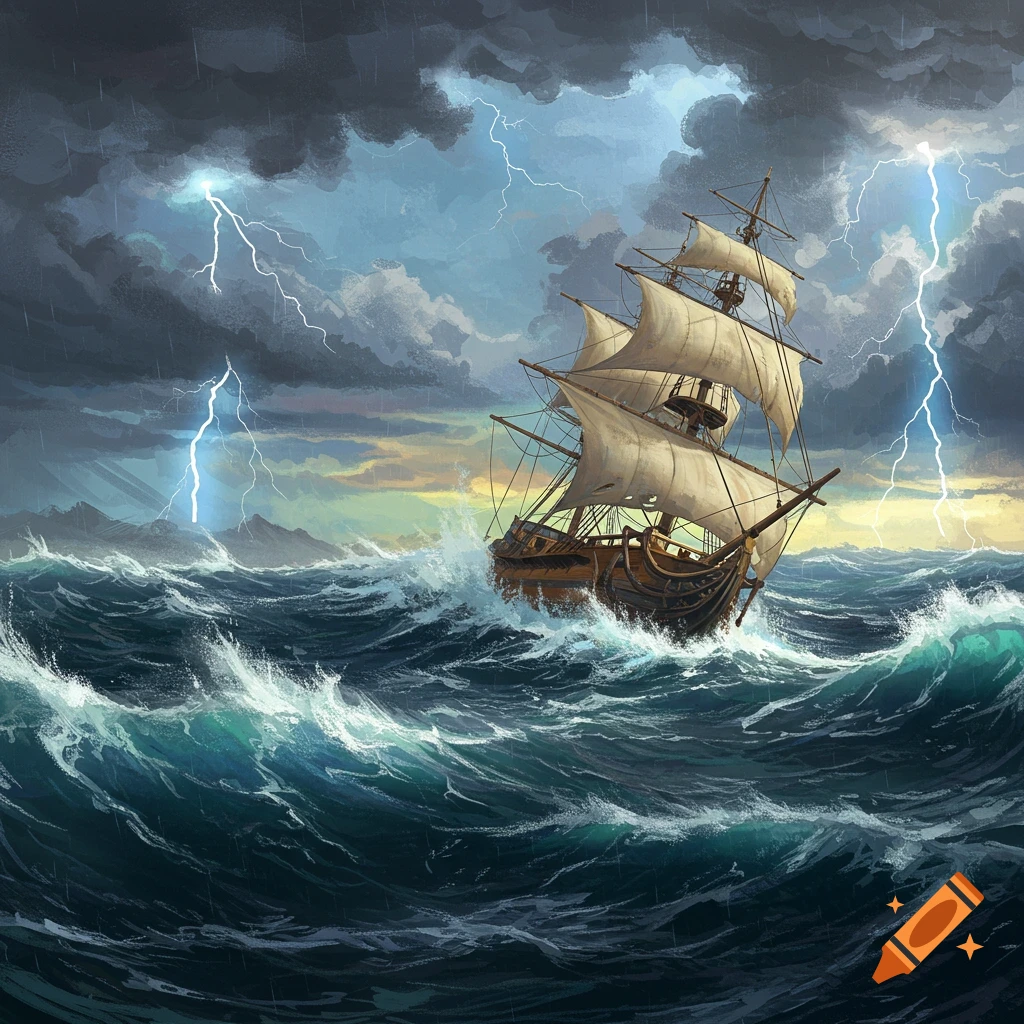 A sailing ship battles a storm with lightning and high waves.