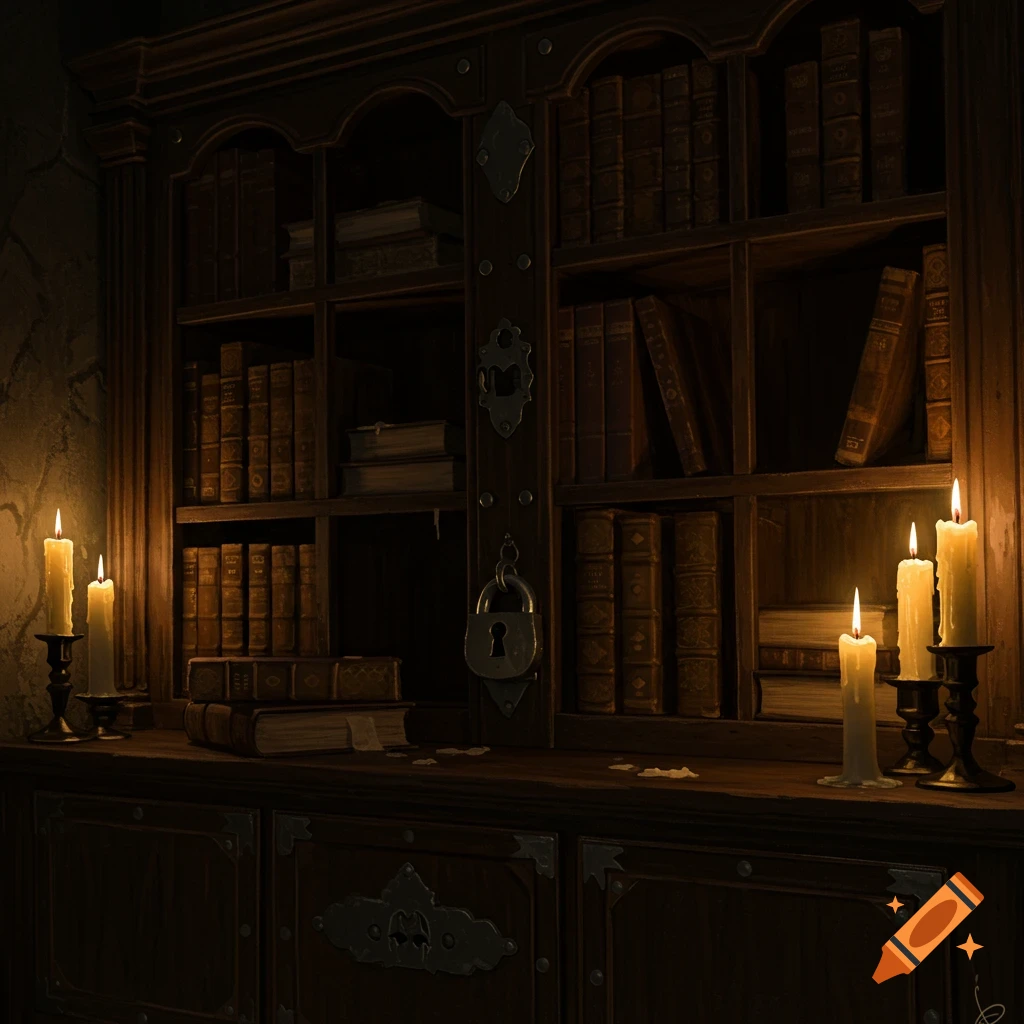 A dark bookshelf filled with old books, lit by candles, with a lock hanging.