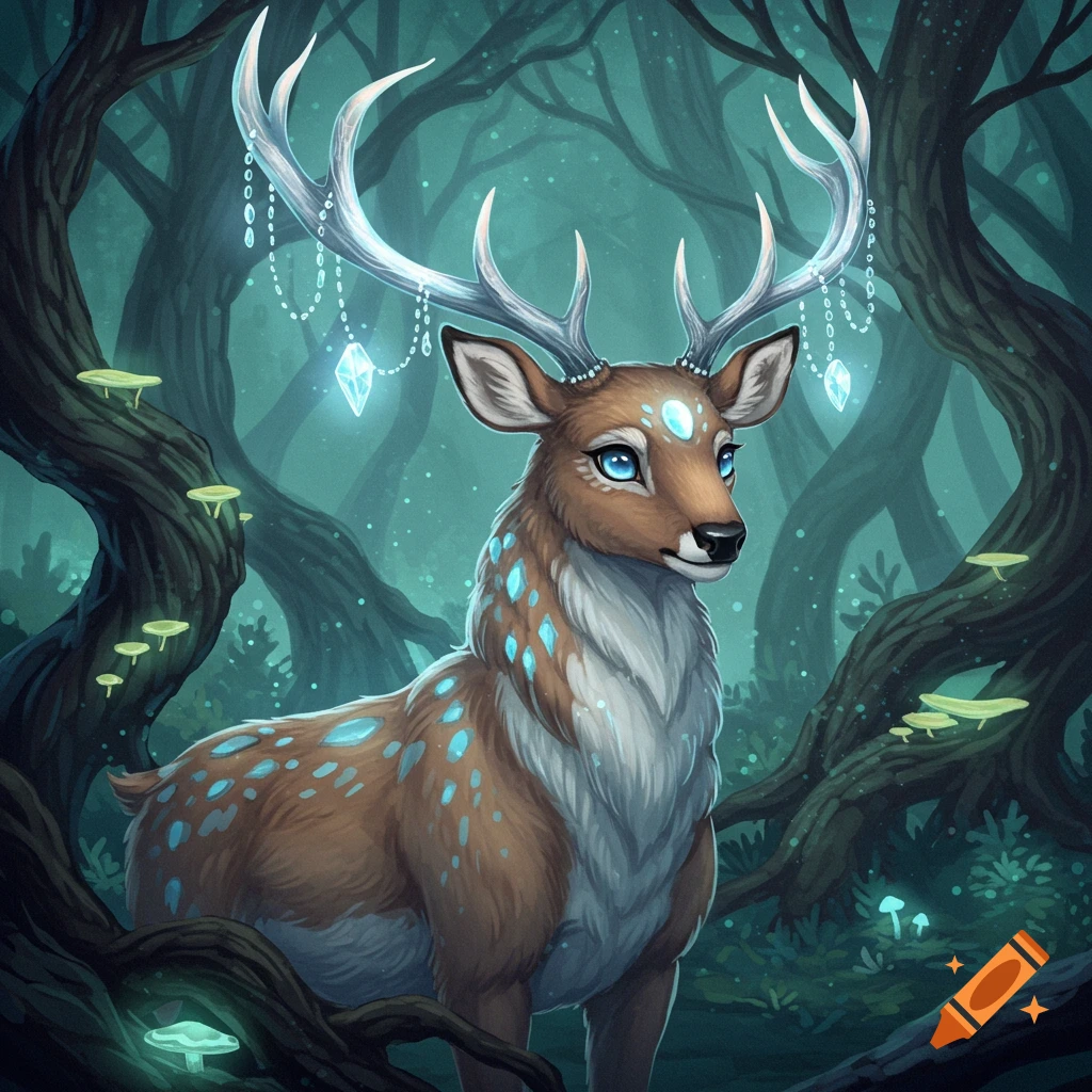A fantasy deer with glowing blue markings and crystal antlers in a dark, magical forest.