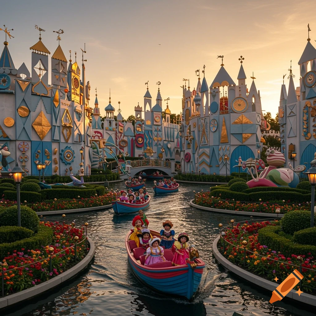 Boats with doll figures on a ride through colorful, stylized buildings and gardens at sunset