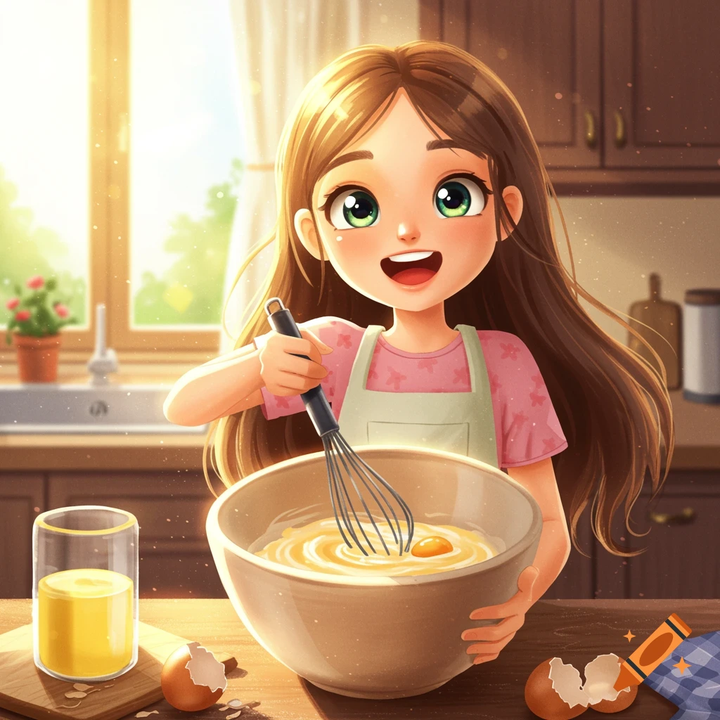 A cheerful cartoon girl whisks eggs in a bright kitchen.