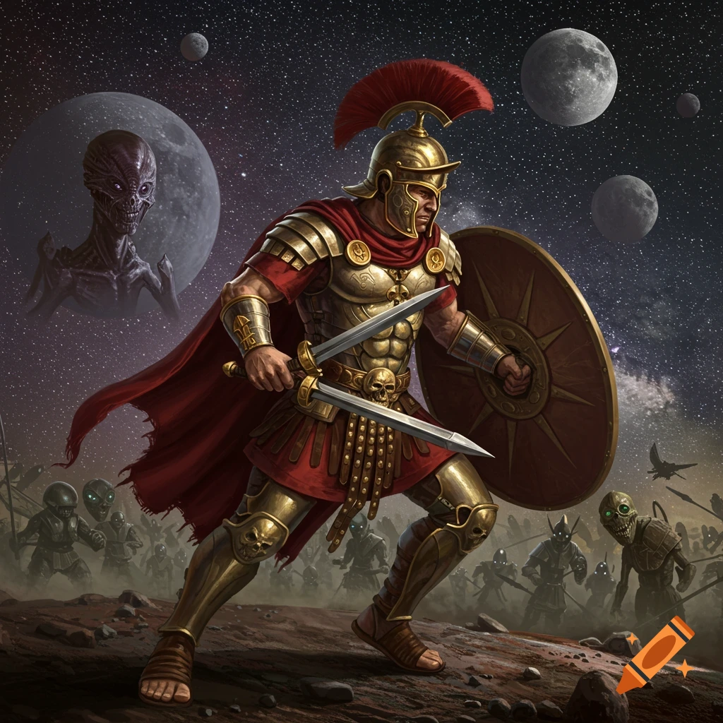 A futuristic warrior in golden armor fighting aliens on an alien planet