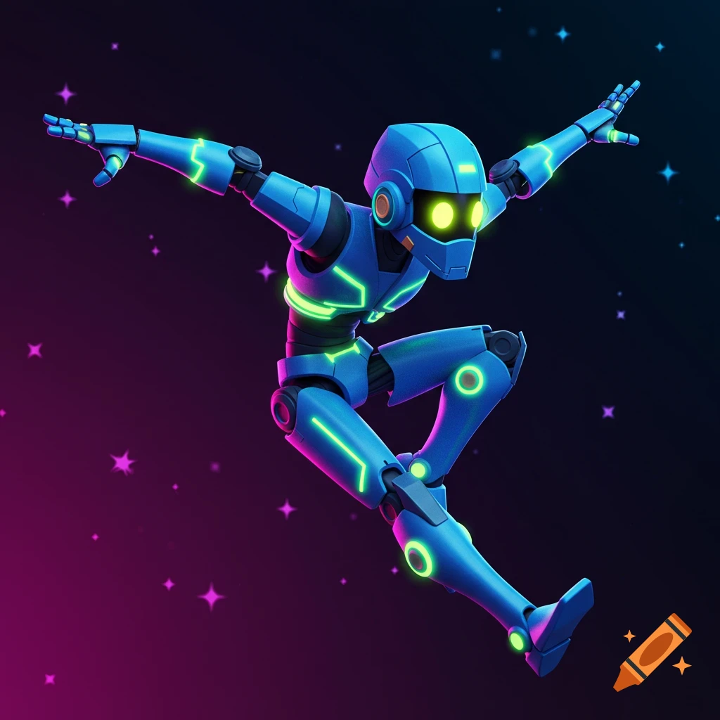A stylized blue robot leaps against a starry purple and blue background.