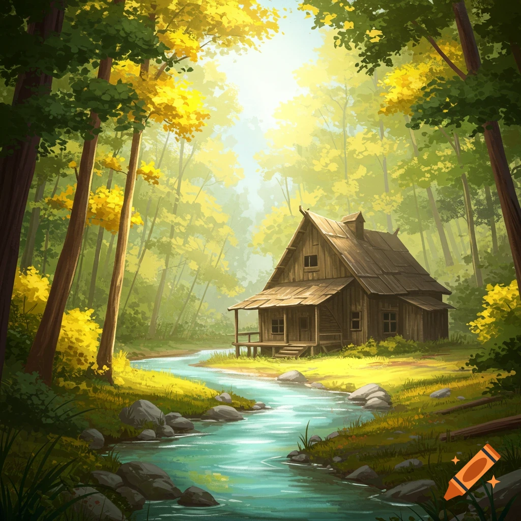 Wooden cabin beside a river in a sunlit forest.