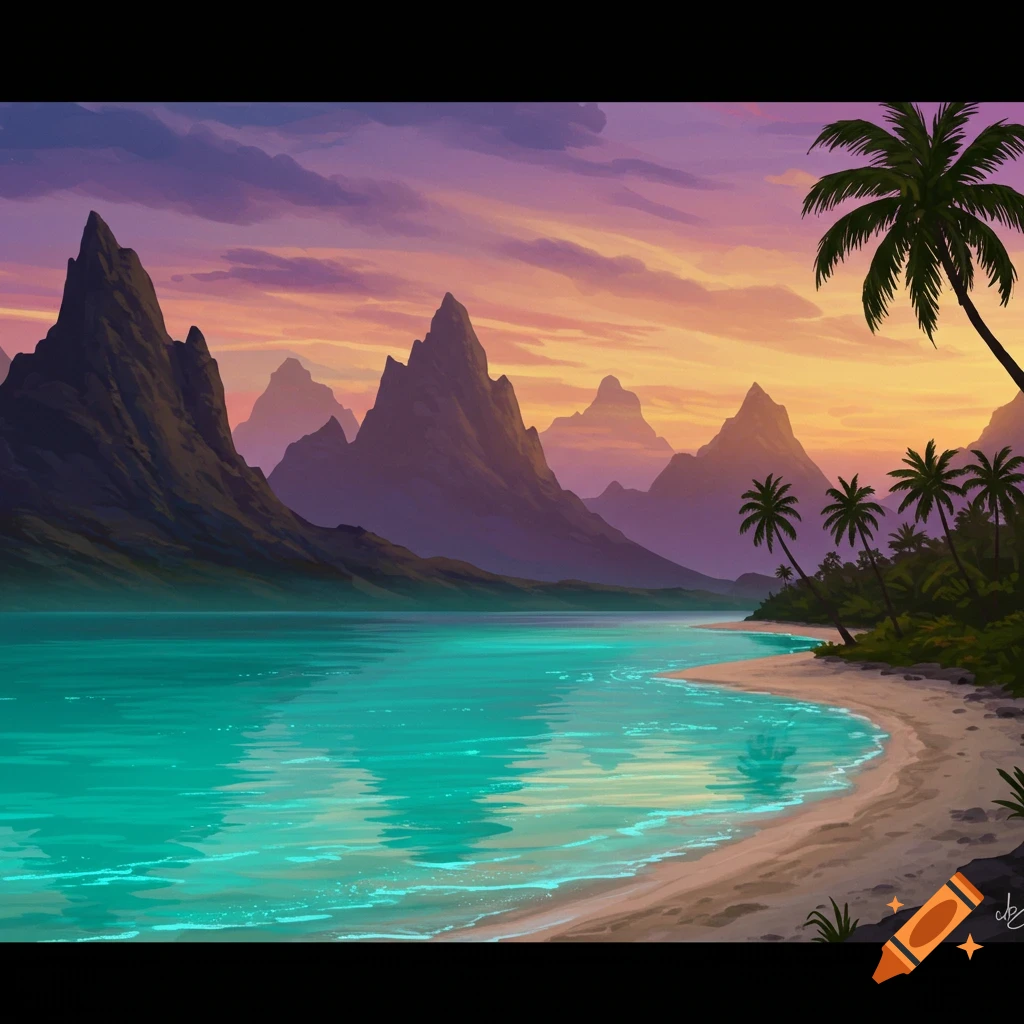 A tropical beach with turquoise water, mountains, and palm trees under a colorful sunset sky.