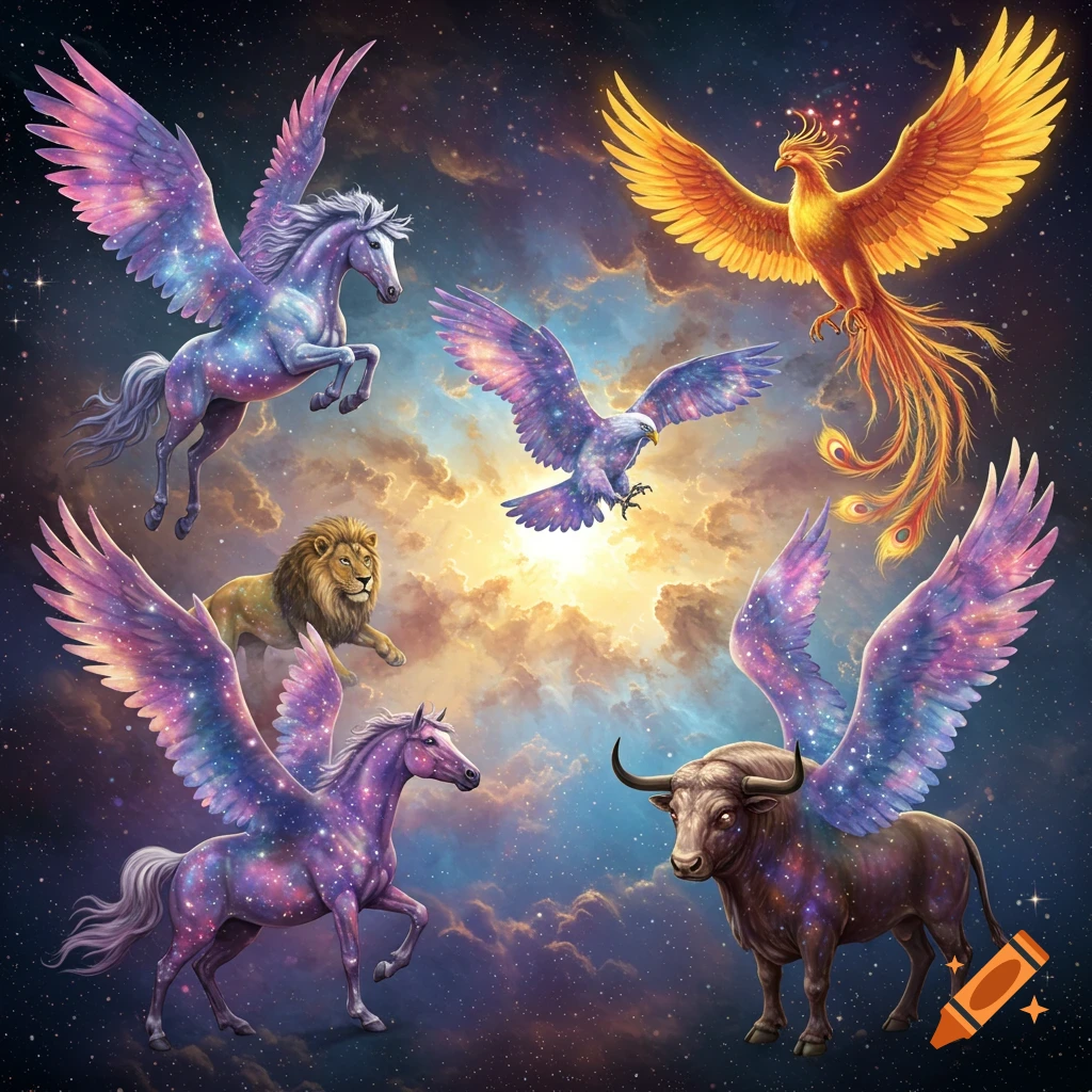 Fantasy art of a winged horse, winged lion, eagle, winged bull, and phoenix flying in a starry sky.