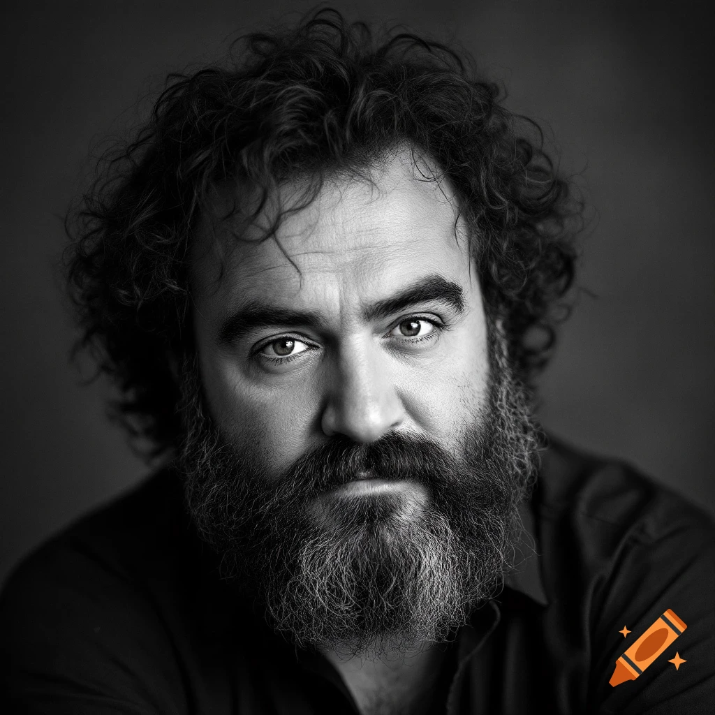A black and white portrait of a bearded man looking forward.