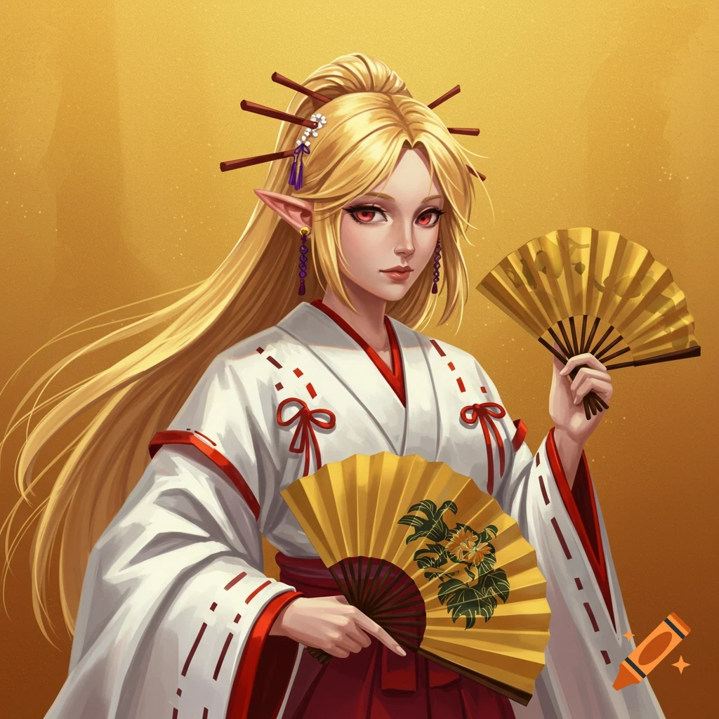 A blonde anime girl with red eyes, pointed ears, in a white and red robe holding golden fans.