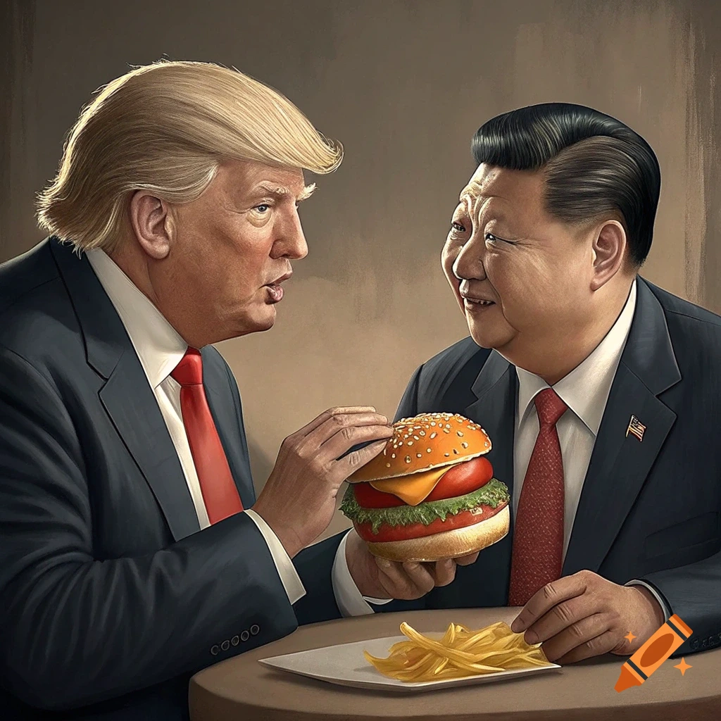 Realistic image of Donald Trump and Xi Jinping at a table with a hamburger and fries between them.