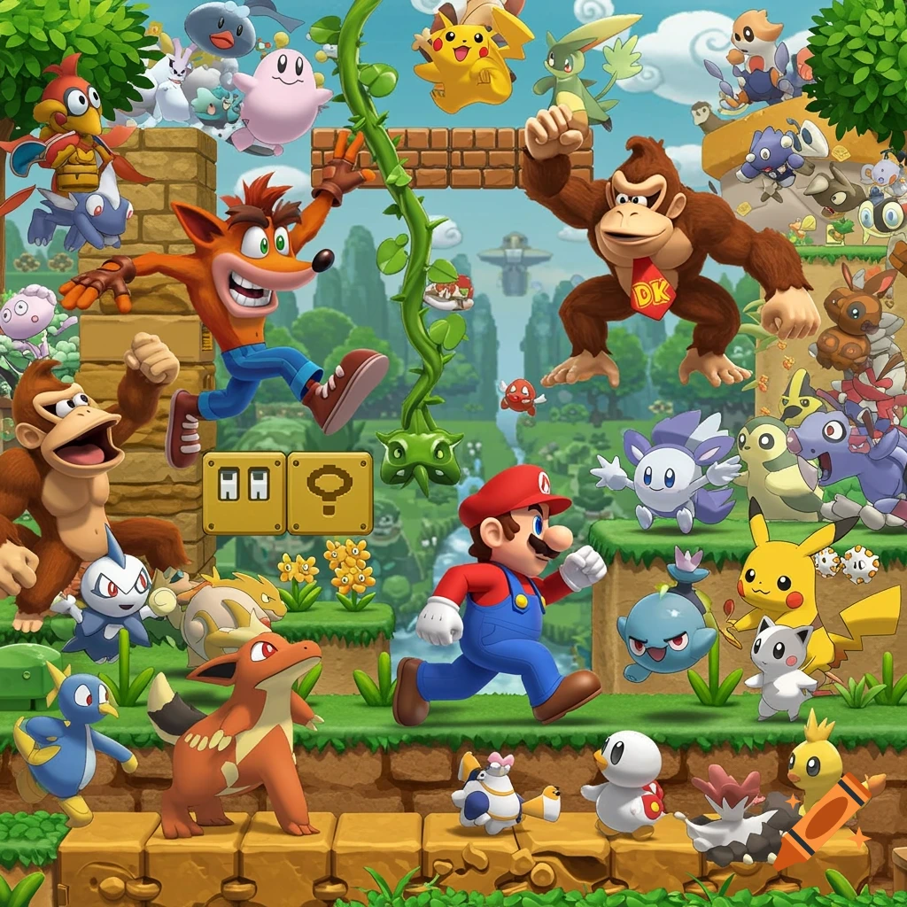 A colorful digital art mashup of Mario, Donkey Kong, Crash Bandicoot, and various Pokemon characters in a Super Mario Bros level.