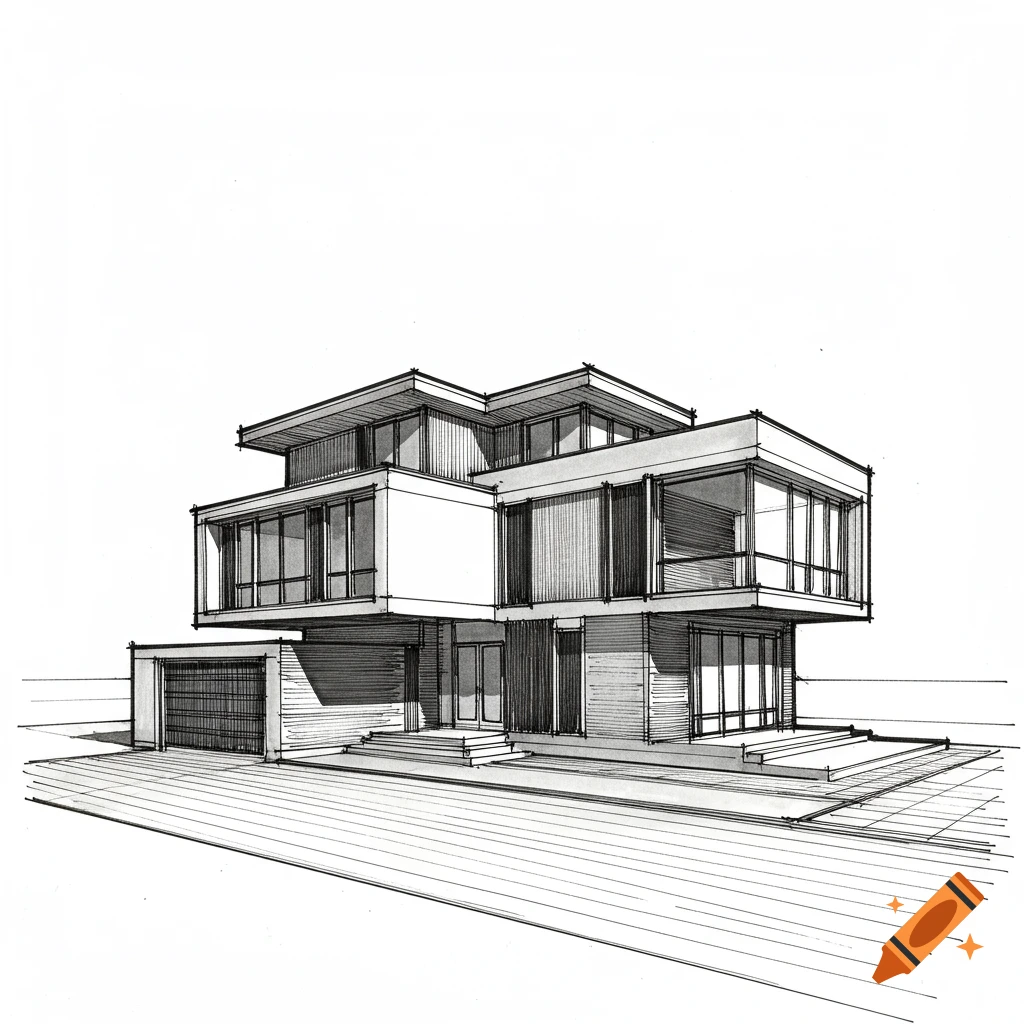 Architectural sketch of a modern house with a flat roof.