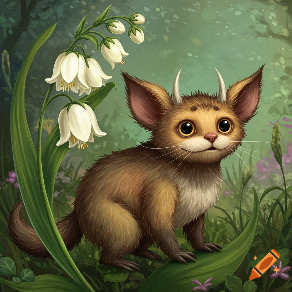 A furry fantasy creature with horns and big eyes sits in a forest next to white flowers.