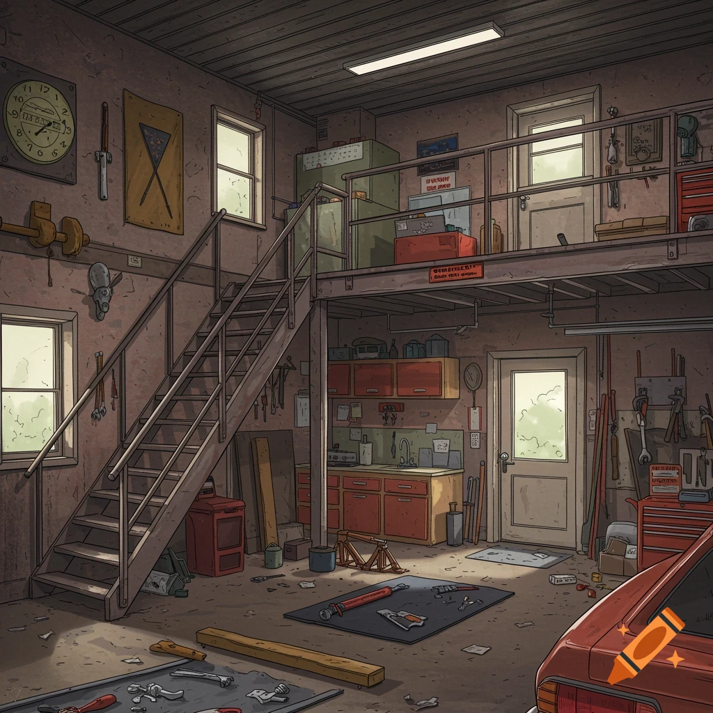 Illustrated cluttered garage interior with mezzanine, tools, and a car.