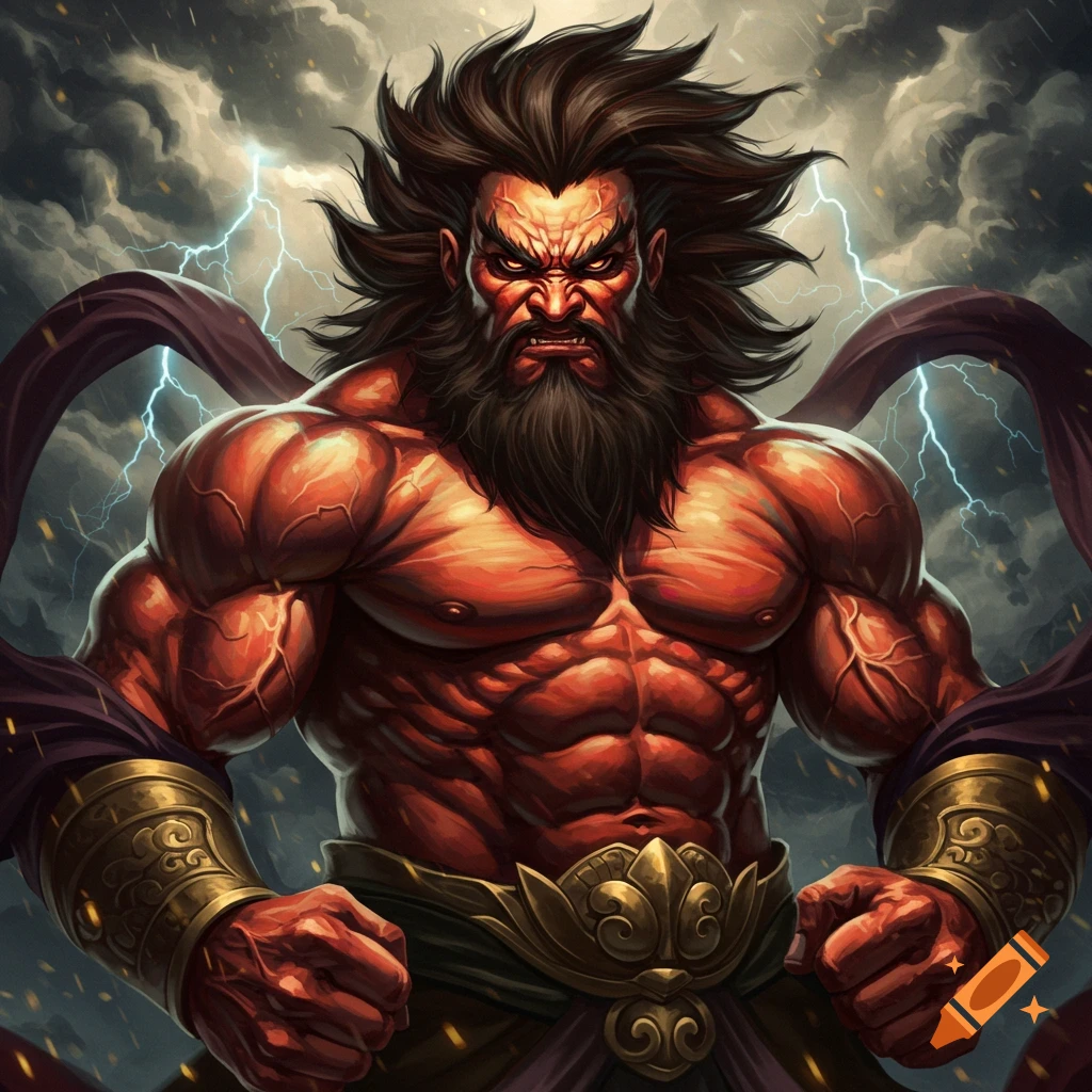 An angry, muscular god with red skin and beard is surrounded by lightning.