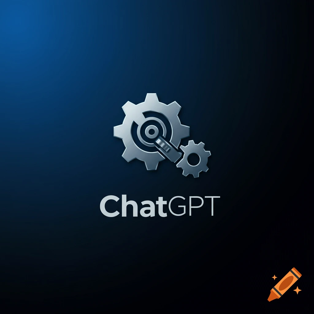 Silver gear logo with the text ChatGPT on a dark blue background.