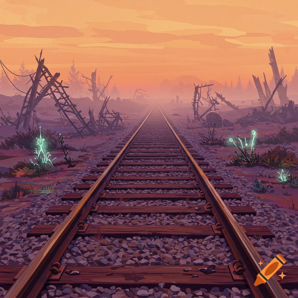 Train tracks in a desolate, ruined landscape at sunset with glowing plants.