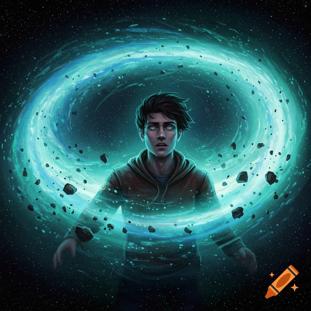 A young man stands in space surrounded by a swirling blue galaxy and floating rocks.